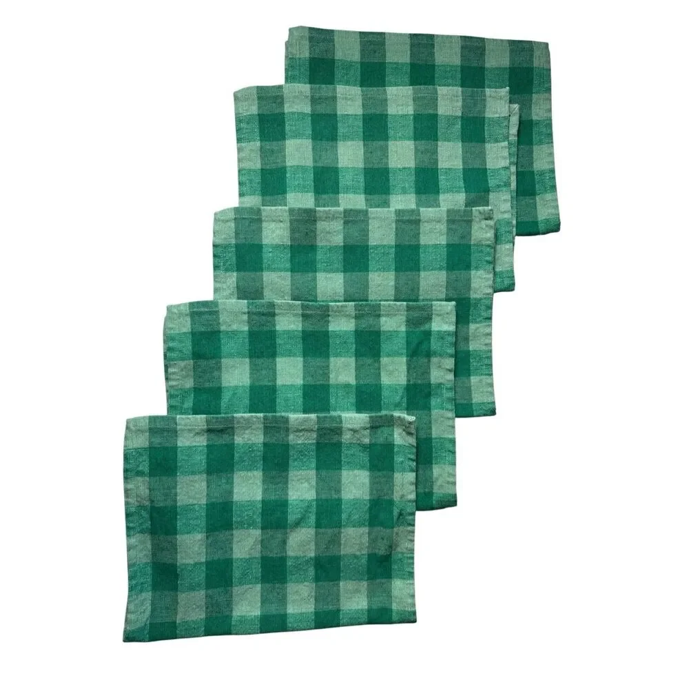 Crate & Barrel Set of 5 Plaid Gingham Placemats 100% Cotton Green Made in India